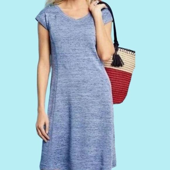 T x TALBOTS Blue Jersey Dress Soft Drape Casual Stretch Knit Marled Blue Sz Lp - Picture 1 of 10